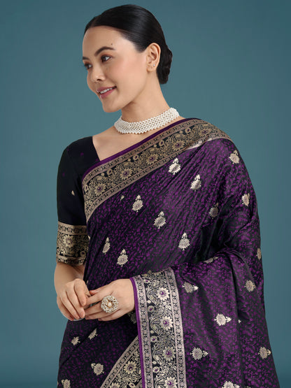 Dhiyona MJ Purple Banarasi Satin Silk Saree with Intricate Zari Work with Rich Weaving Pattern