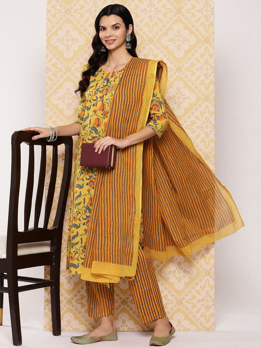 Dhiyona KL Women Floral Printed Regular Pure Cotton Kurta with Trousers & Dupatta