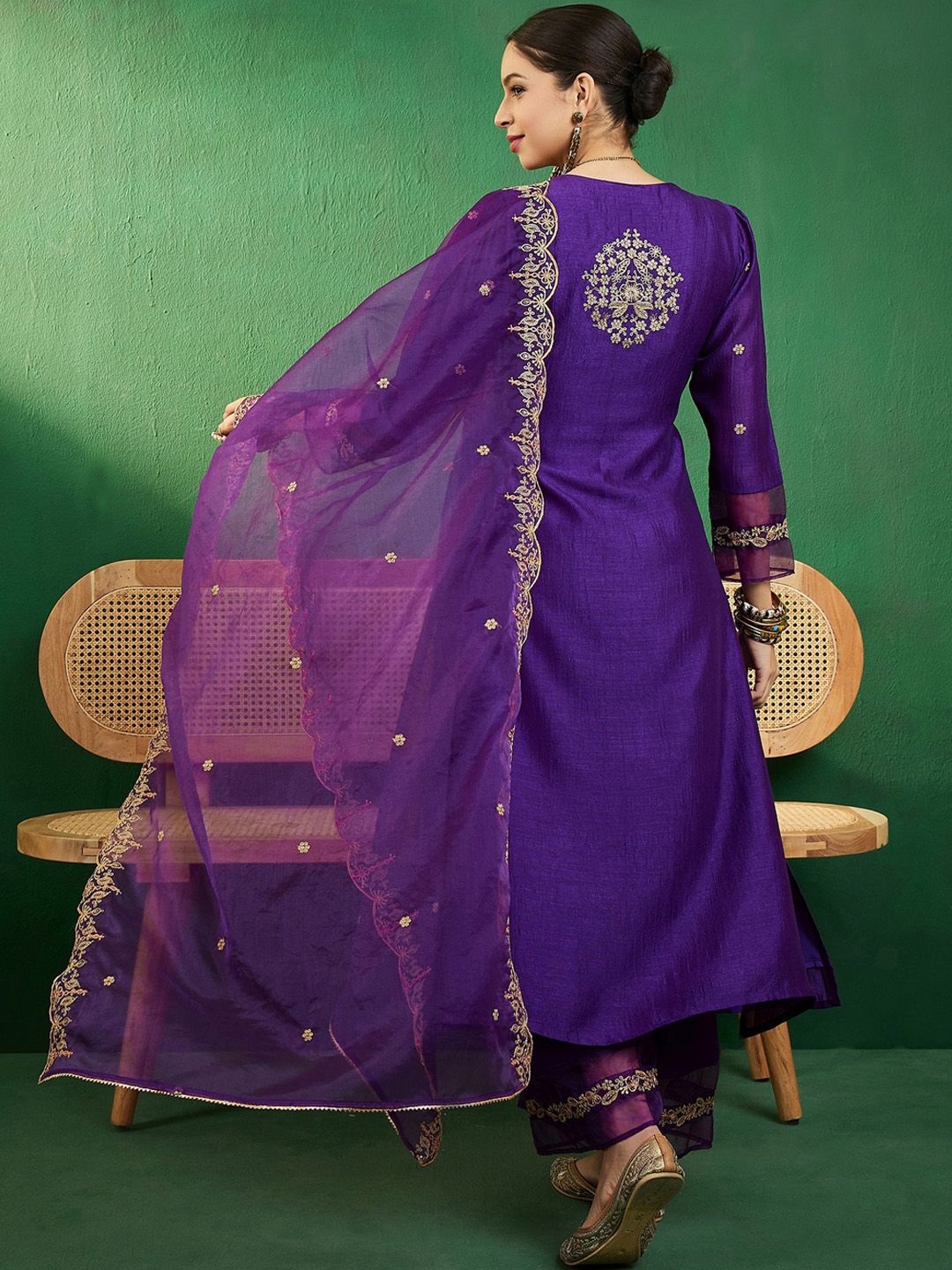 Dhiyona SN Purple Ethnic Motifs Embroidered A-Line Kurta With Palazzo & Dupatta