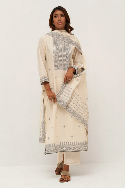 Women's Gardenia Cream Woven Cotton Salwar Suit With Hand Embellishment