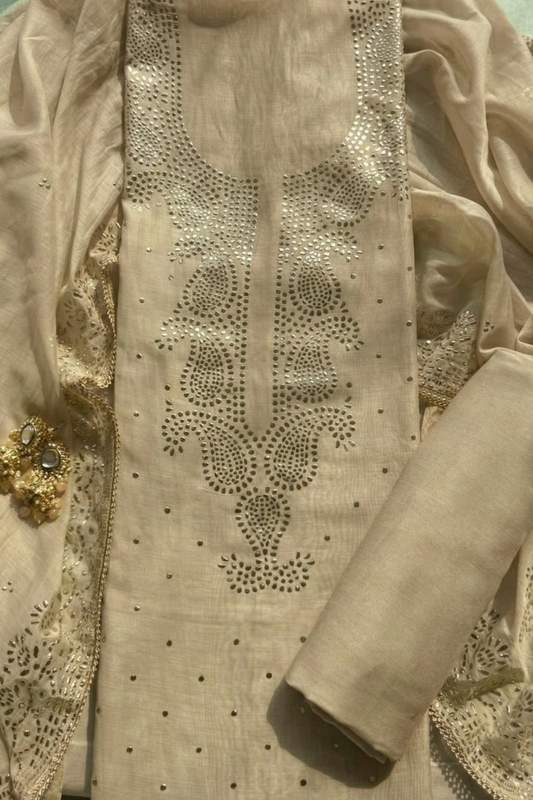 Dhiyona ST 3 Pc Unstitched Suit - Chanderi Fawn Mukiesh Kurta with Lining ,Dupatta and Bottom