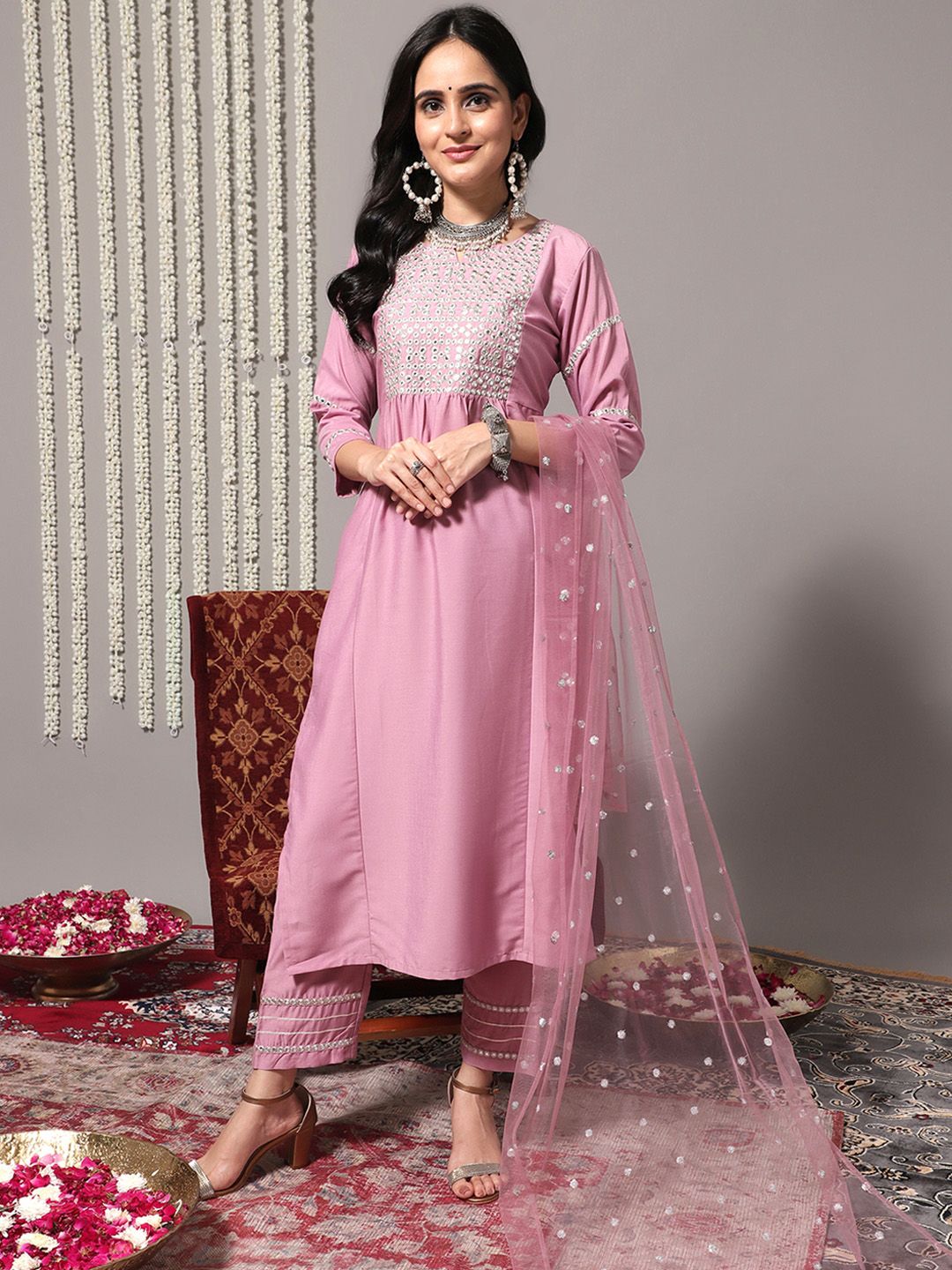 Dhiyona VA Women's Pink & Silver-Toned Yoke Design Kurta with Palazzos & Dupatta