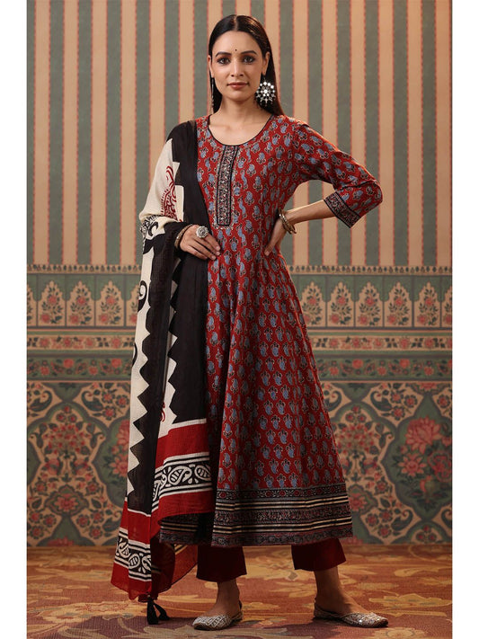Dhiyona RR Women's Maroon Ethnic Motifs Printed Aari Work Pure Cotton Kurta with Trousers & With Dupatta