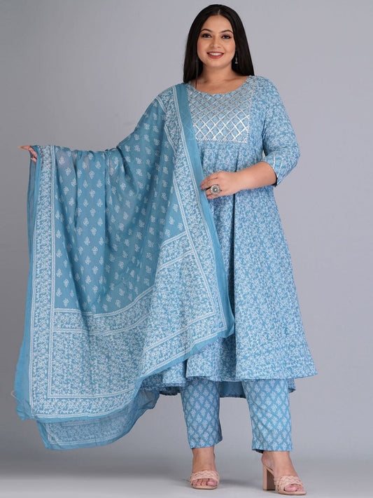 Dhiyona KL Ethnic Motifs Printed Gotta Patti Pure Cotton Kurta with Trousers & Dupatta