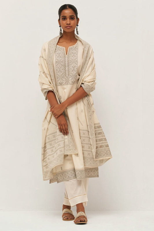 Women's Gardenia Cream Woven Cotton Salwar Suit With Hand Embellishment