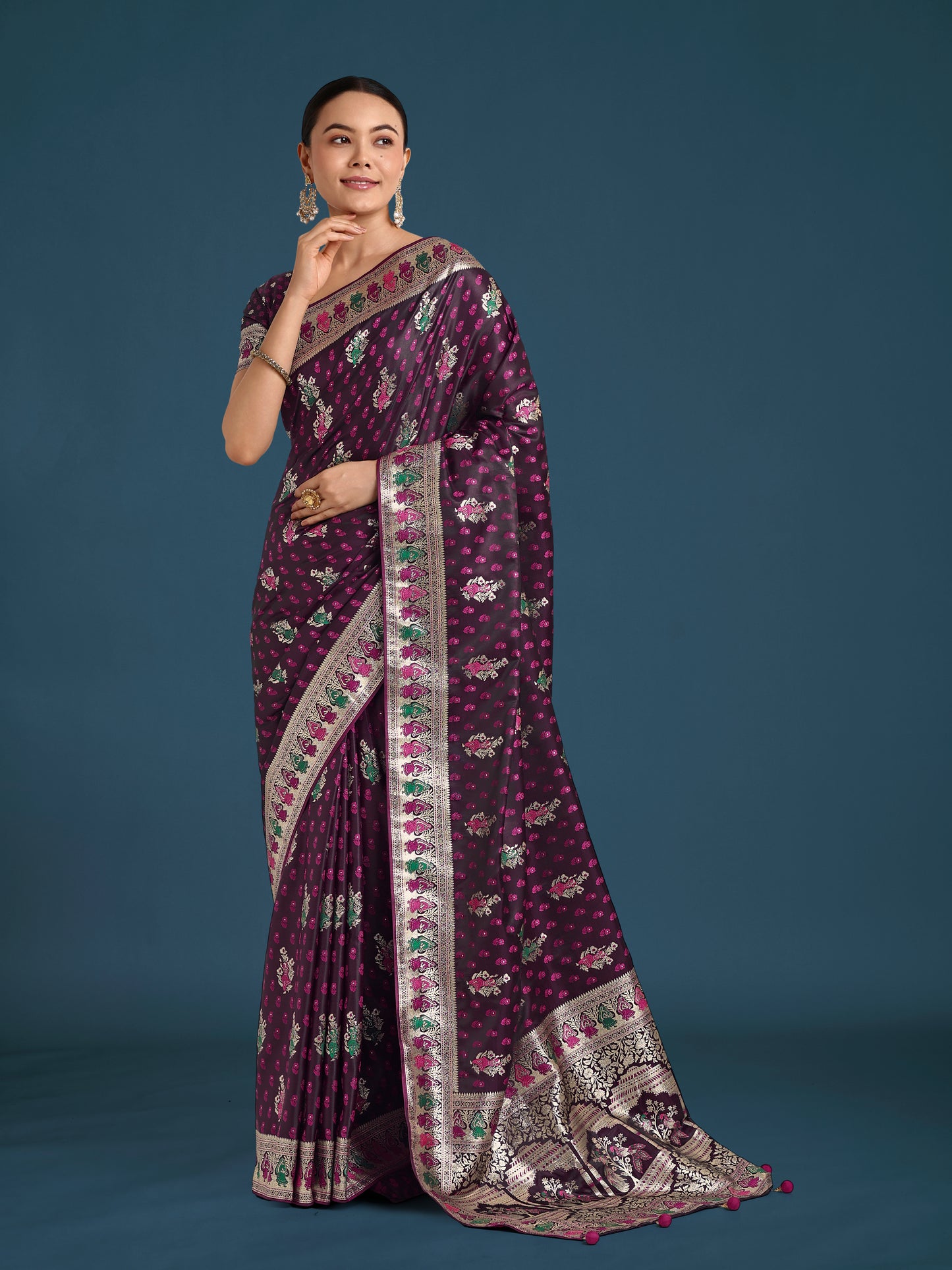 Dhiyona MJ Wine With Gold Bordar Banarasi Zari Woven Satin Saree