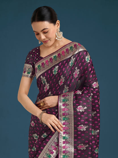 Dhiyona MJ Wine With Gold Bordar Banarasi Zari Woven Satin Saree