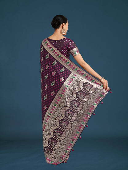 Dhiyona MJ Wine With Gold Bordar Banarasi Zari Woven Satin Saree