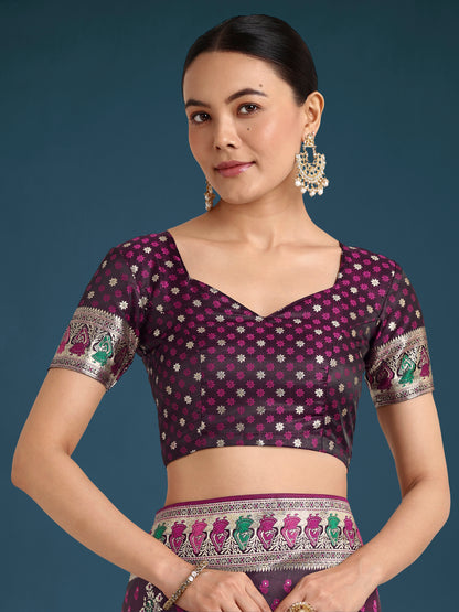 Dhiyona MJ Wine With Gold Bordar Banarasi Zari Woven Satin Saree