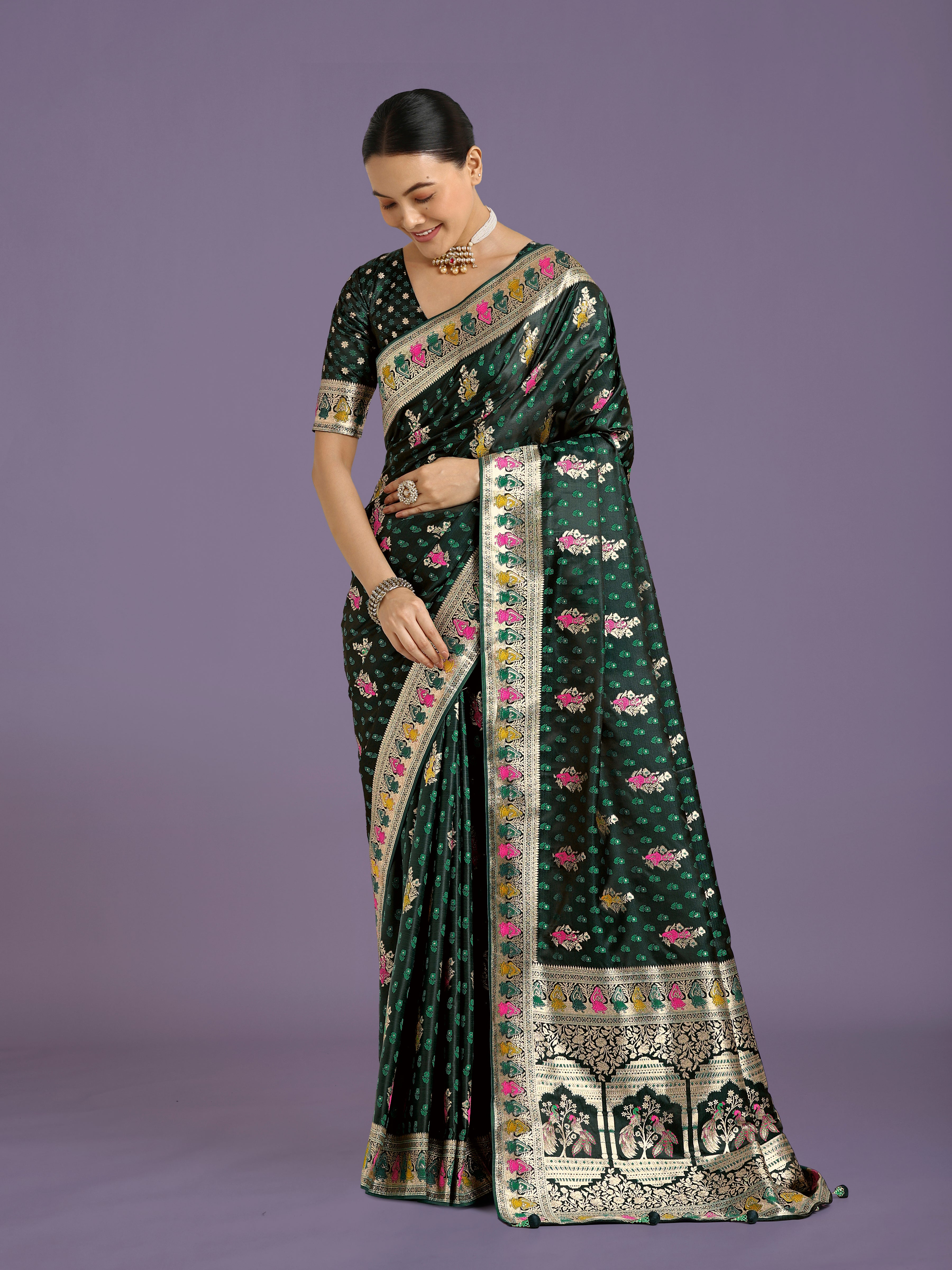Dhiyona MJ Dark Green With Gold Bordar Banarasi Zari Woven Satin Saree