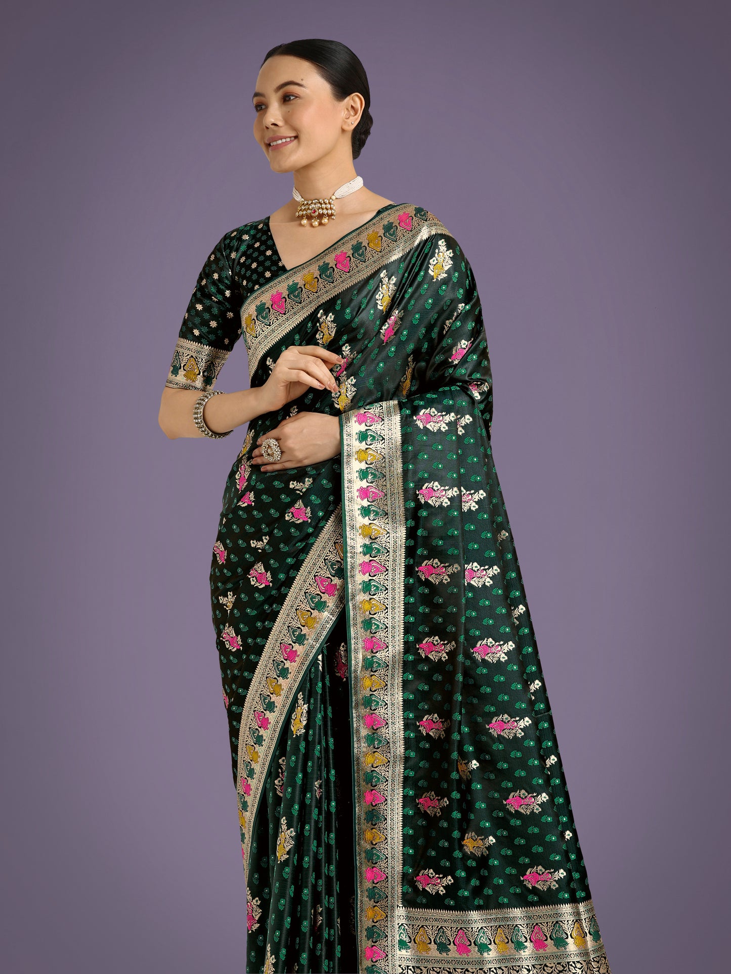 Dhiyona MJ Dark Green With Gold Bordar Banarasi Zari Woven Satin Saree