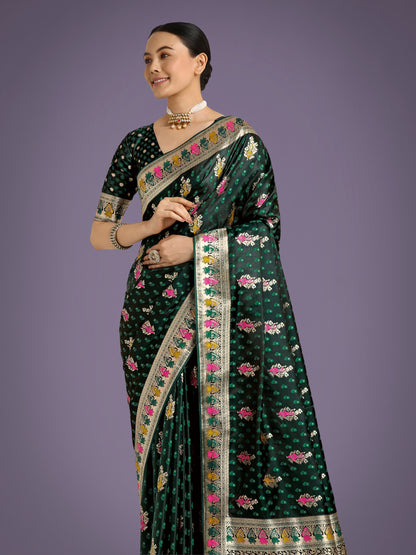 Dhiyona MJ Dark Green With Gold Bordar Banarasi Zari Woven Satin Saree