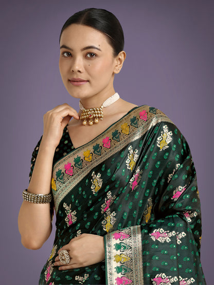 Dhiyona MJ Dark Green With Gold Bordar Banarasi Zari Woven Satin Saree