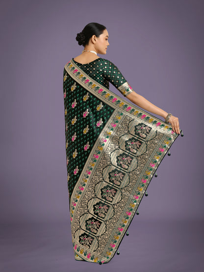 Dhiyona MJ Dark Green With Gold Bordar Banarasi Zari Woven Satin Saree