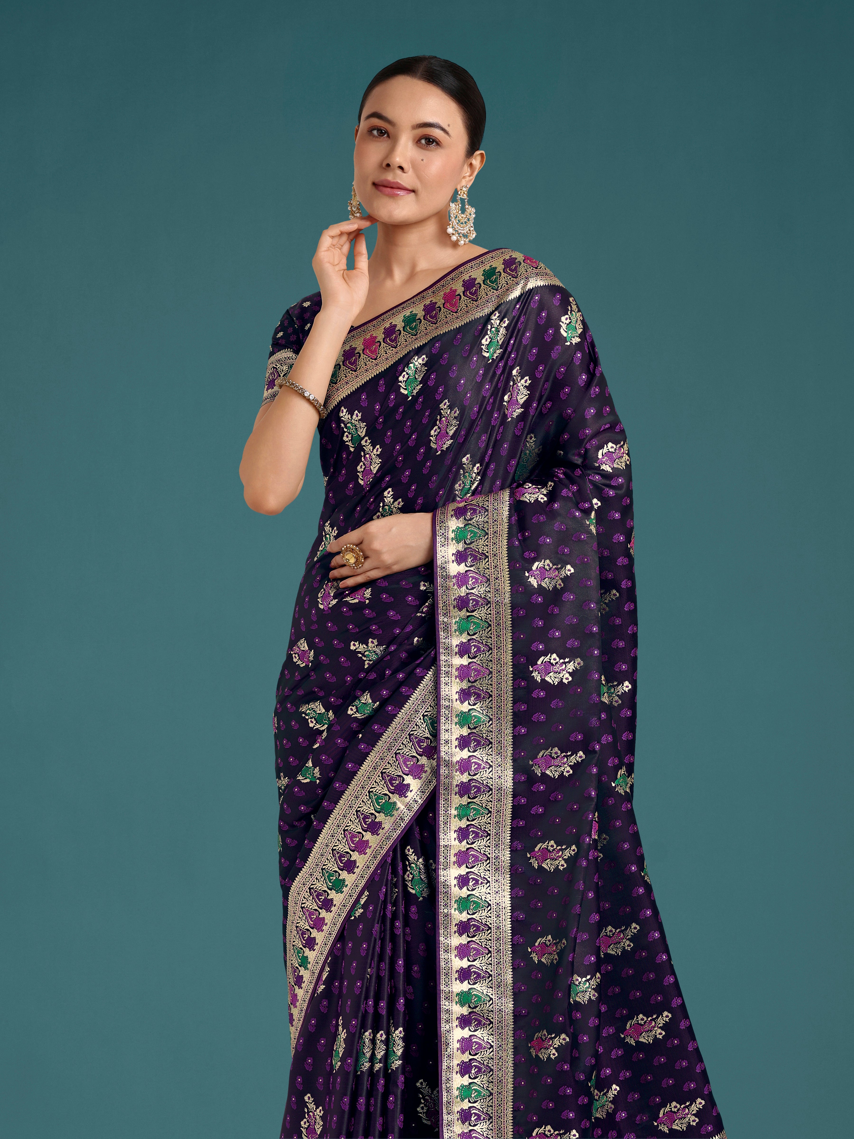 Dhiyona MJ Purple With Gold Bordar Banarasi Zari Woven Satin Saree