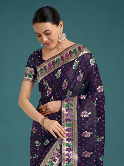 Dhiyona MJ Purple With Gold Bordar Banarasi Zari Woven Satin Saree