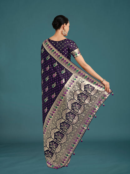 Dhiyona MJ Purple With Gold Bordar Banarasi Zari Woven Satin Saree