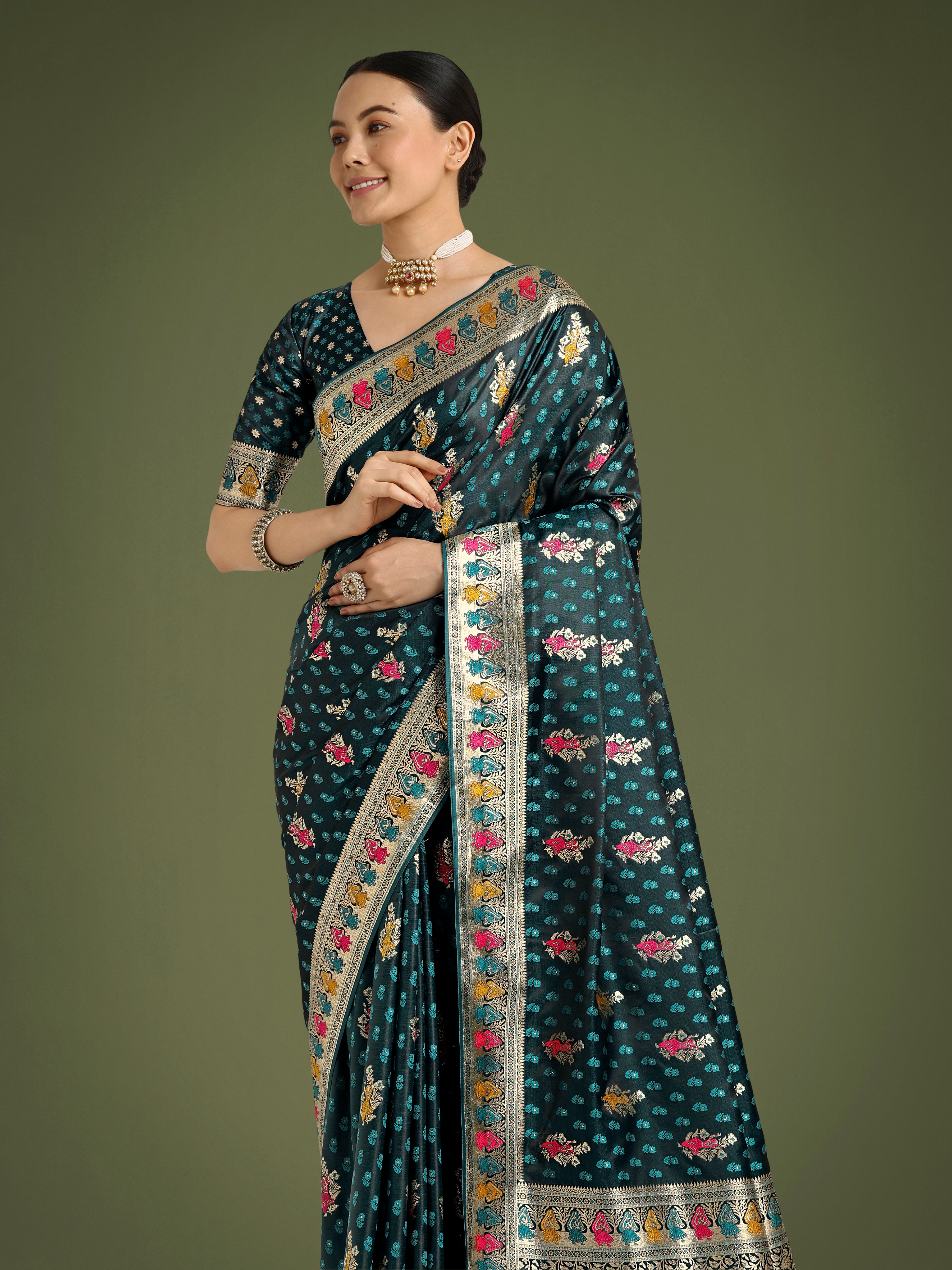 Dhiyona MJ Teal With Gold Bordar Banarasi Zari Woven Satin Saree