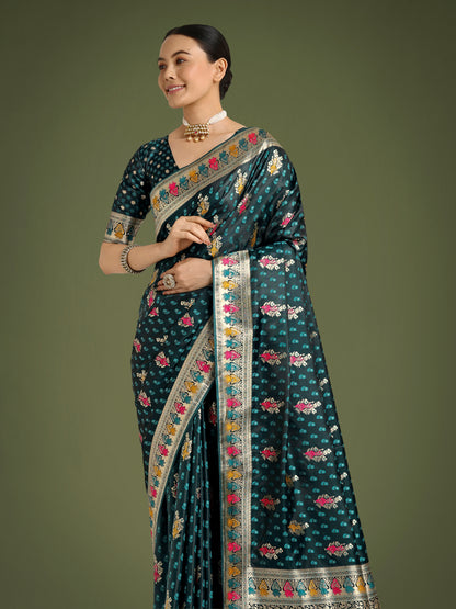 Dhiyona MJ Teal With Gold Bordar Banarasi Zari Woven Satin Saree