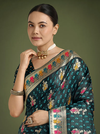 Dhiyona MJ Teal With Gold Bordar Banarasi Zari Woven Satin Saree