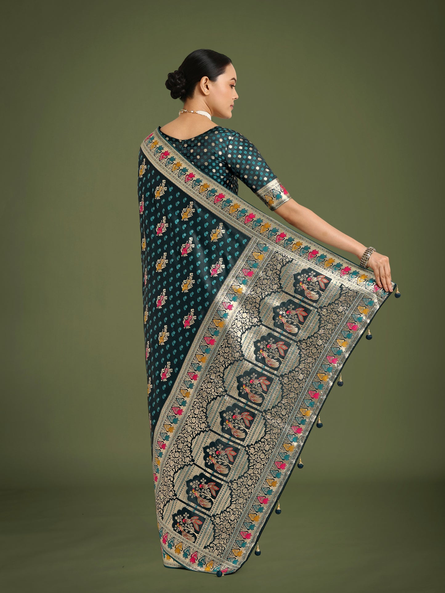 Dhiyona MJ Teal With Gold Bordar Banarasi Zari Woven Satin Saree