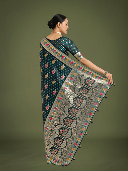 Dhiyona MJ Teal With Gold Bordar Banarasi Zari Woven Satin Saree
