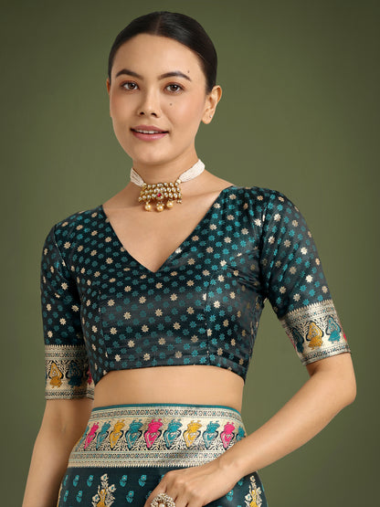 Dhiyona MJ Teal With Gold Bordar Banarasi Zari Woven Satin Saree
