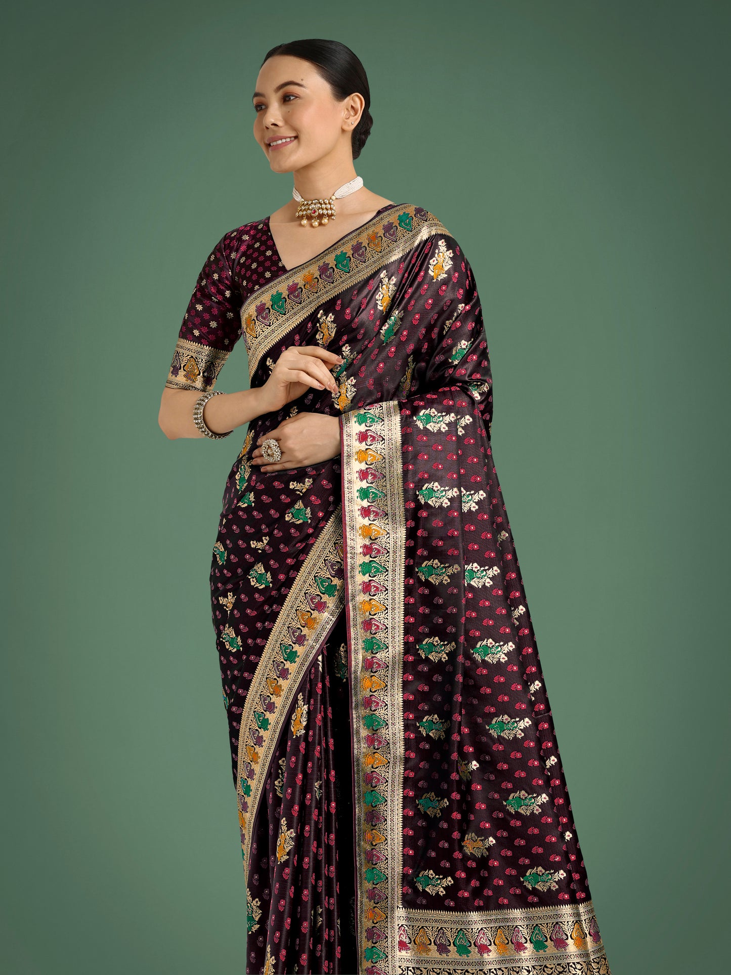 Dhiyona MJ Maroon With Gold Bordar Banarasi Zari Woven Satin Saree