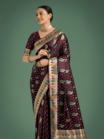 Dhiyona MJ Maroon With Gold Bordar Banarasi Zari Woven Satin Saree