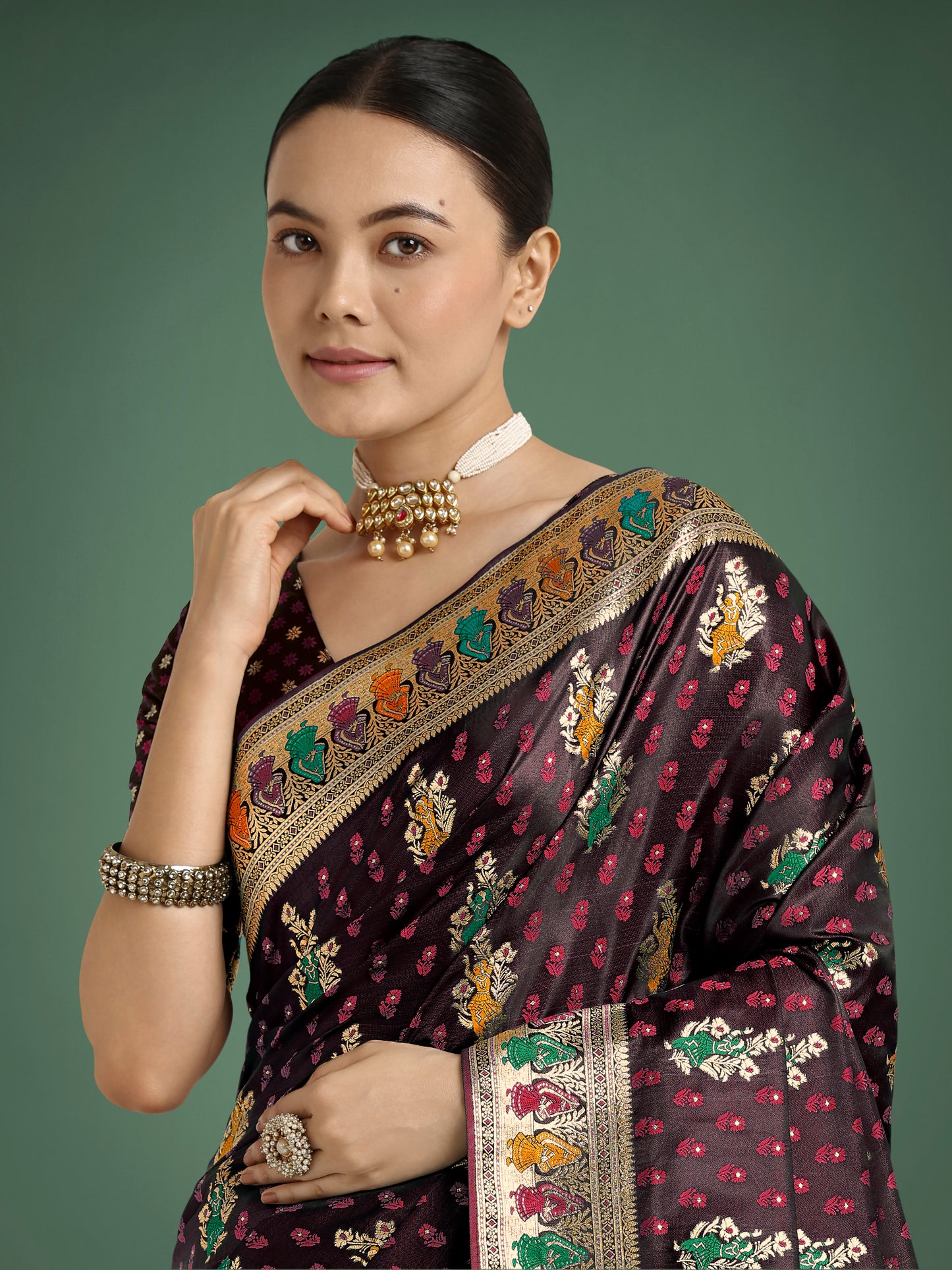 Dhiyona MJ Maroon With Gold Bordar Banarasi Zari Woven Satin Saree
