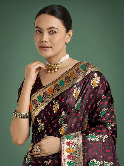 Dhiyona MJ Maroon With Gold Bordar Banarasi Zari Woven Satin Saree