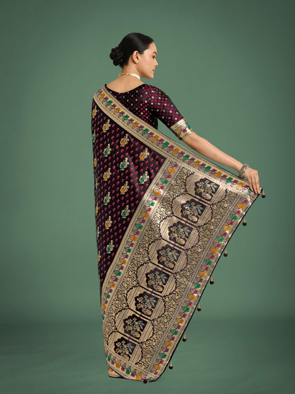 Dhiyona MJ Maroon With Gold Bordar Banarasi Zari Woven Satin Saree