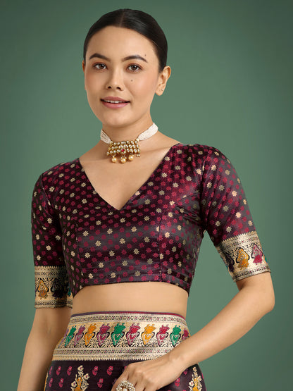 Dhiyona MJ Maroon With Gold Bordar Banarasi Zari Woven Satin Saree
