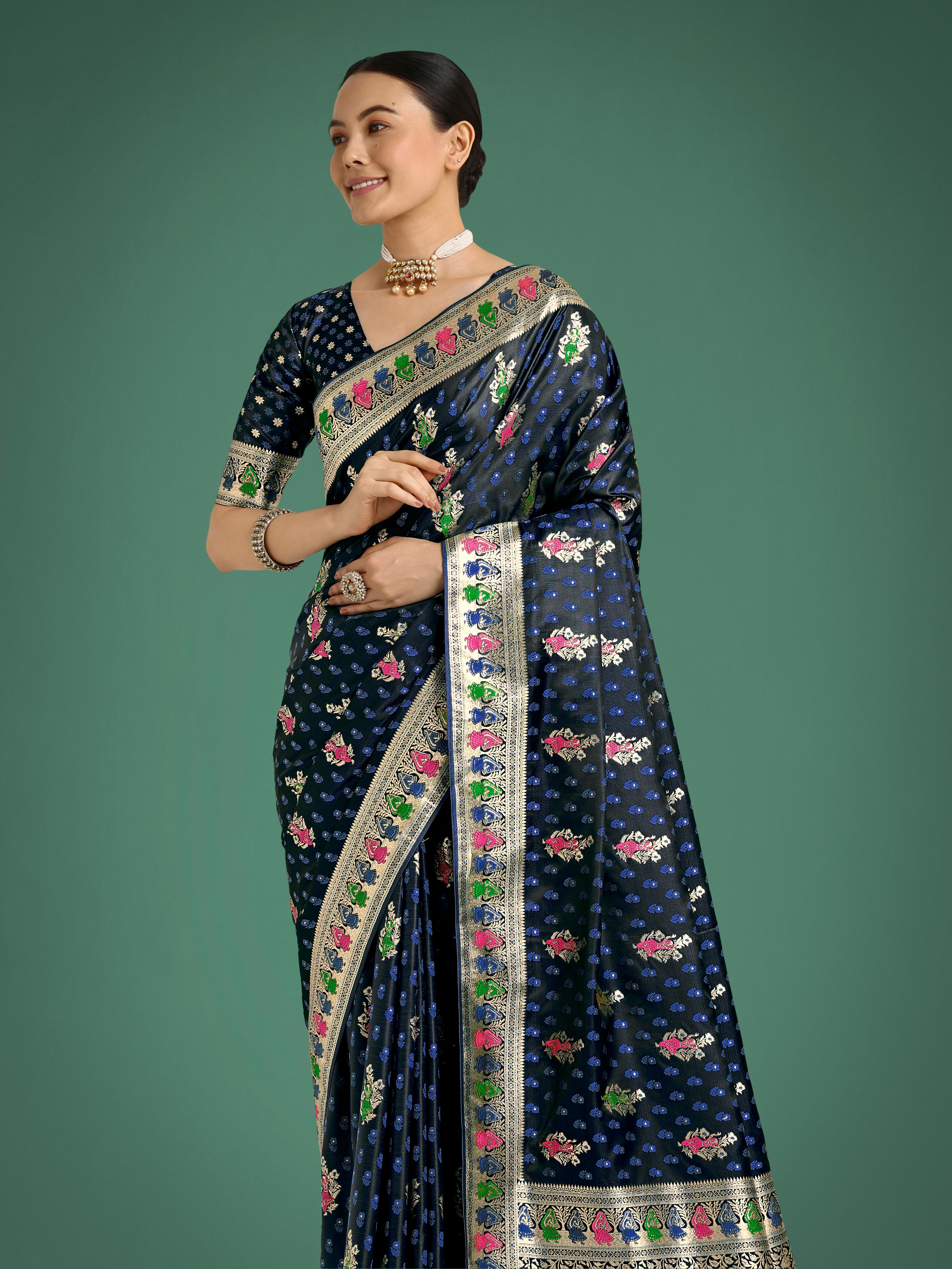 Dhiyona MJ Dark blue With Gold Bordar Banarasi Zari Woven Satin Saree