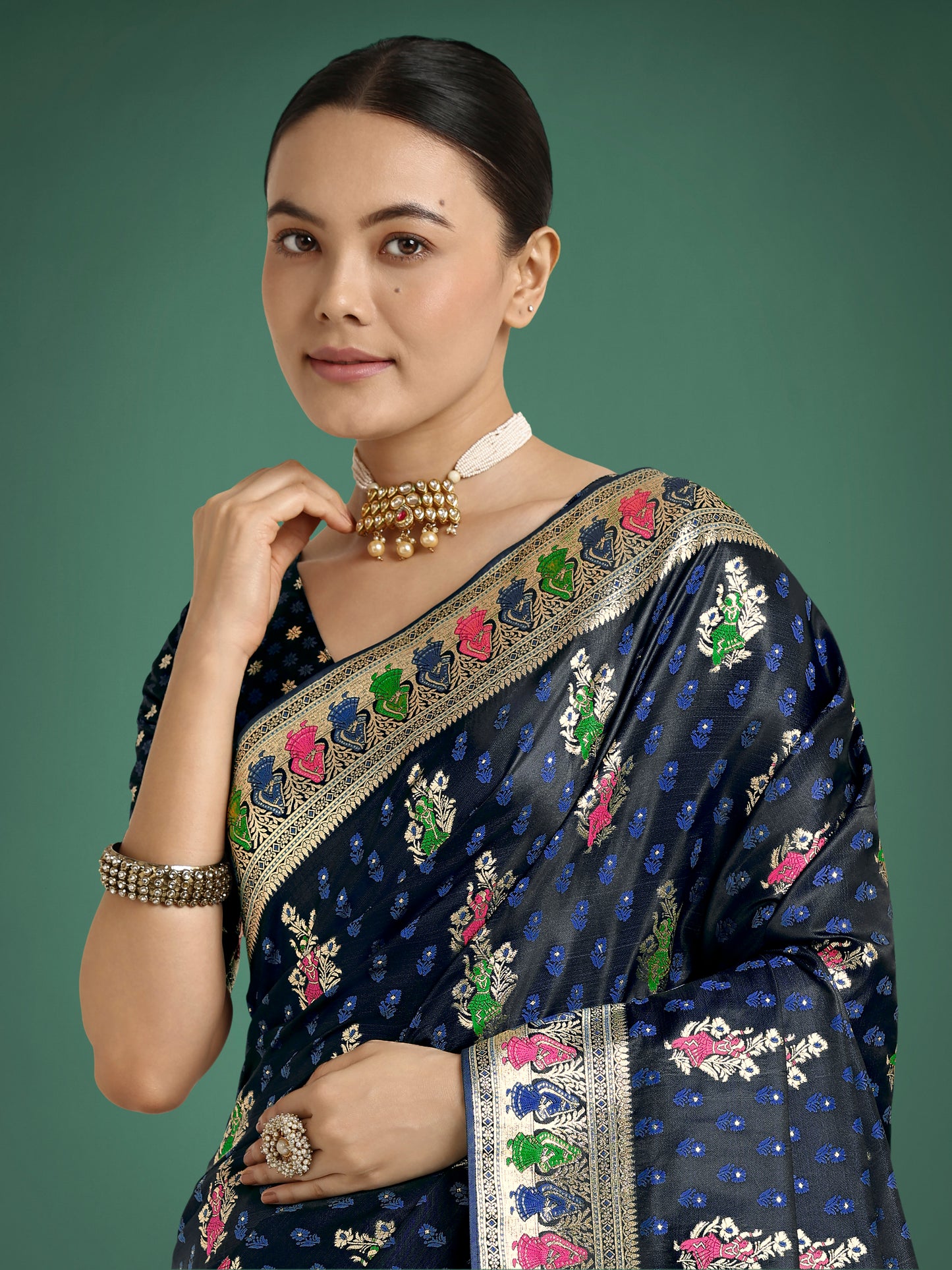 Dhiyona MJ Dark blue With Gold Bordar Banarasi Zari Woven Satin Saree