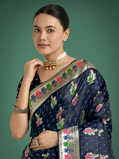 Dhiyona MJ Dark blue With Gold Bordar Banarasi Zari Woven Satin Saree