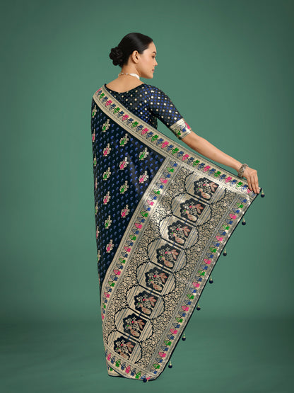 Dhiyona MJ Dark blue With Gold Bordar Banarasi Zari Woven Satin Saree