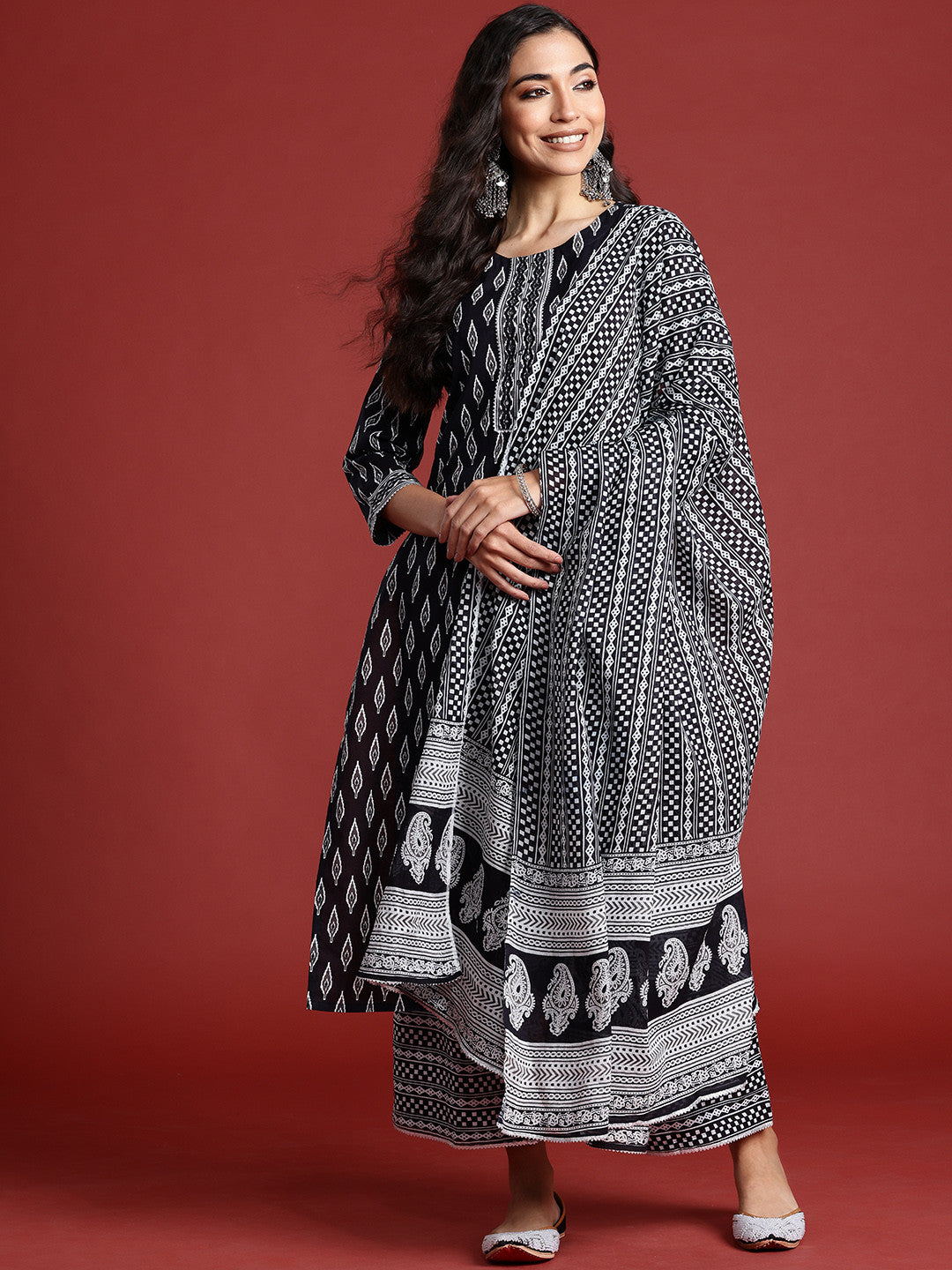 Printed Mirror Work Pure Cotton Kurta With Palazzos & Dupatta