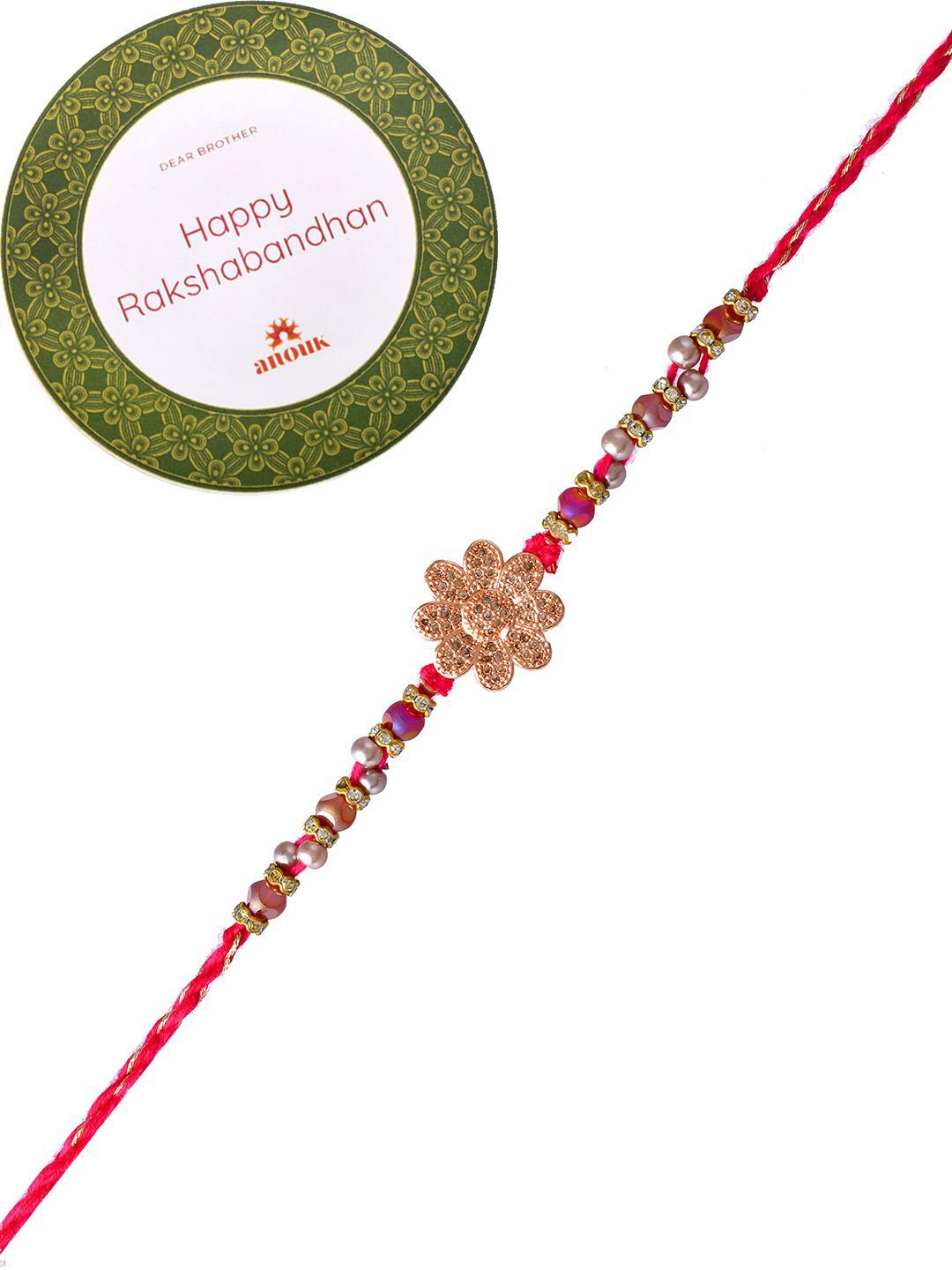 Dhiyona Gold Toned Beaded Floral Rakhi With Roli Chawal & Greeting Card