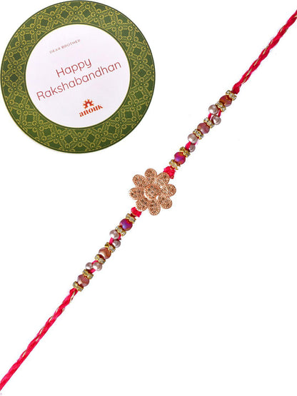 Dhiyona Gold Toned Beaded Floral Rakhi With Roli Chawal & Greeting Card