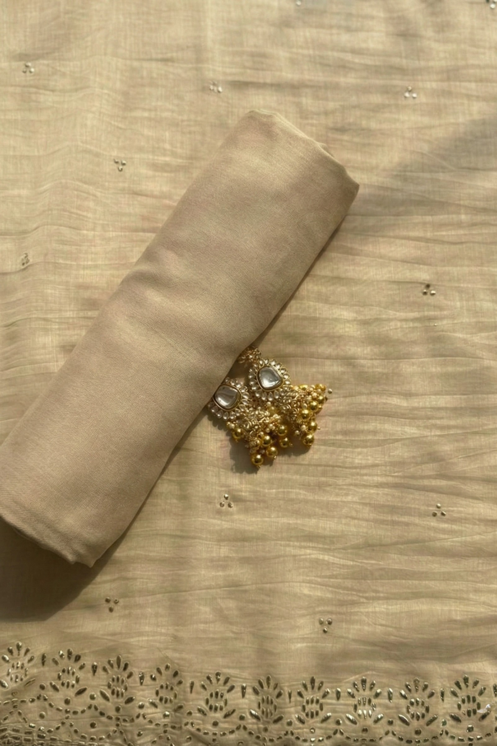 Dhiyona ST 3 Pc Unstitched Suit - Chanderi Fawn Mukiesh Kurta with Lining ,Dupatta and Bottom