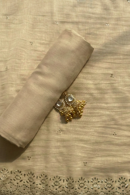 Dhiyona ST 3 Pc Unstitched Suit - Chanderi Fawn Mukiesh Kurta with Lining ,Dupatta and Bottom
