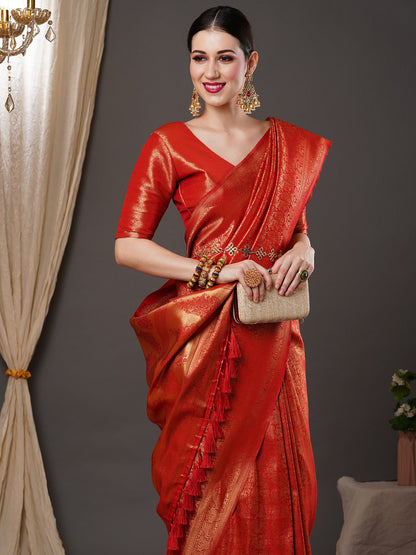 Women's Silk Blend Red Woven Design Designer Saree With Blouse Piece