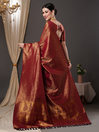 Women's Silk Blend Burgundy Woven Design Designer Saree With Blouse Piece