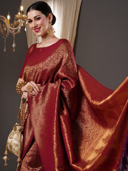 Women's Silk Blend Burgundy Woven Design Designer Saree With Blouse Piece