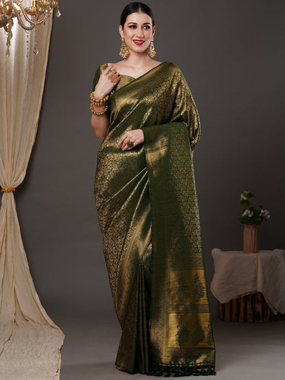Women's Silk Blend Green Woven Design Designer Saree With Blouse Piece