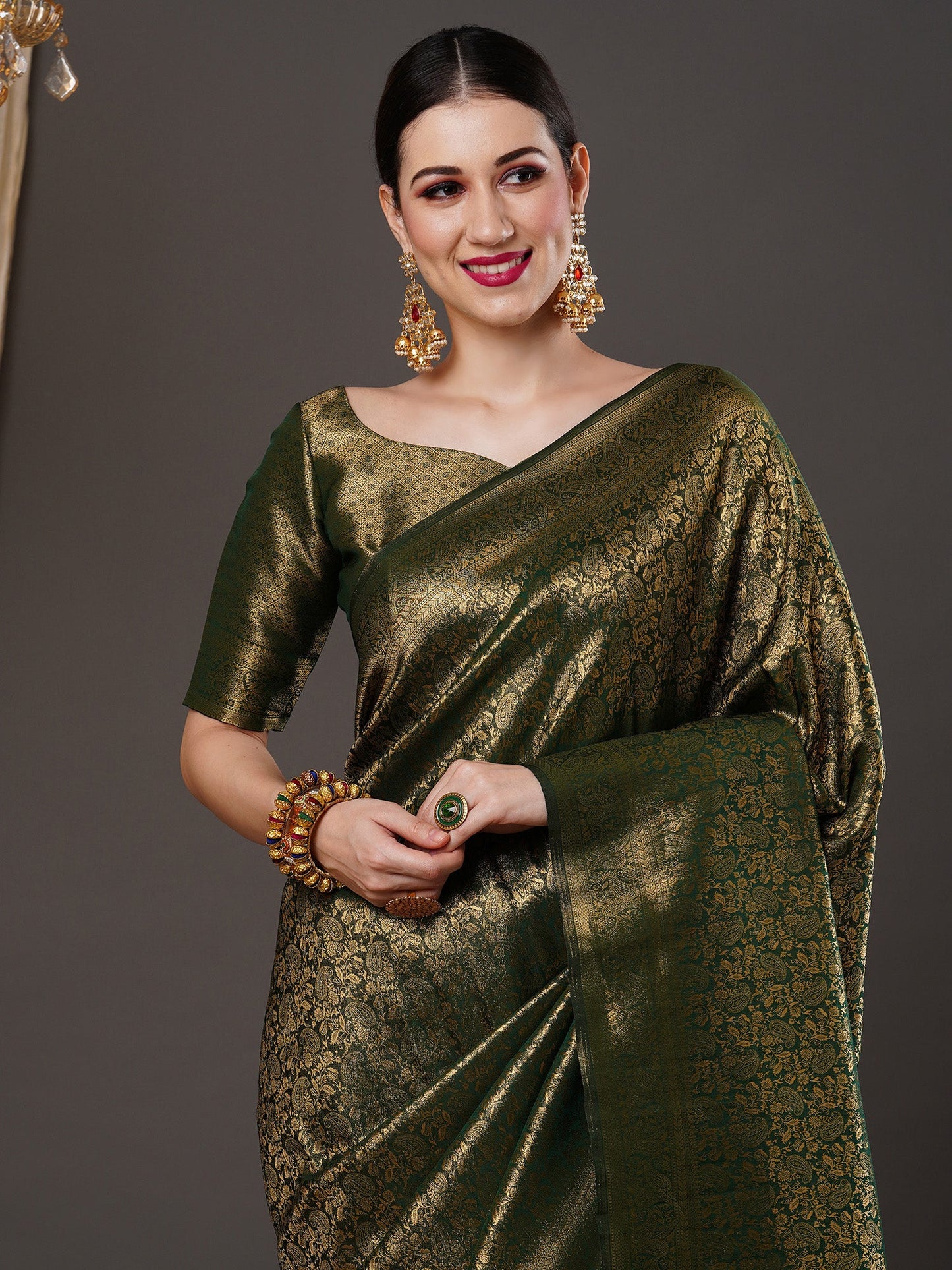 Women's Silk Blend Green Woven Design Designer Saree With Blouse Piece