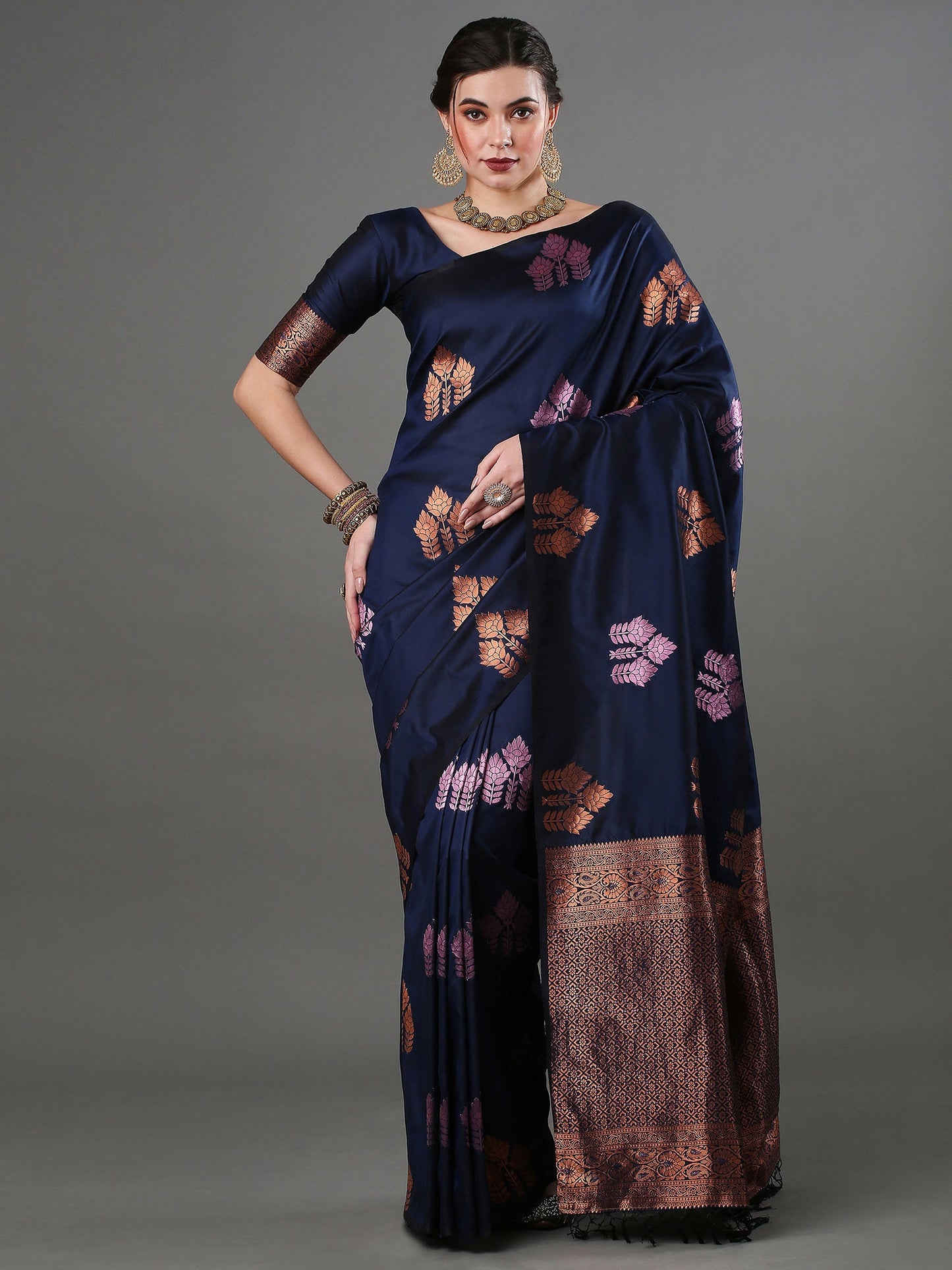 Women's Silk Blend Navy Blue Woven Design Designer Saree With Blouse Piece