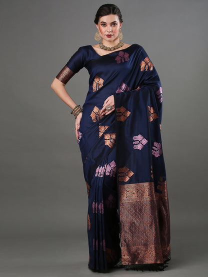 Women's Silk Blend Navy Blue Woven Design Designer Saree With Blouse Piece