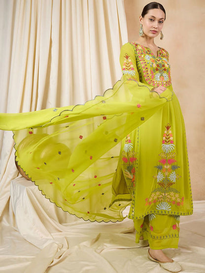 Dhiyona KL Women Floral Embroidered Regular Thread Work Kurta with Palazzos & With Dupatta